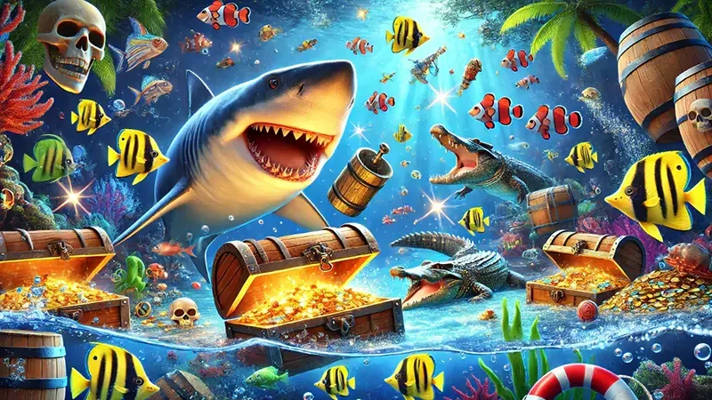 Antarmuka mobile permainan tembak ikan dengan meriam dan target laut